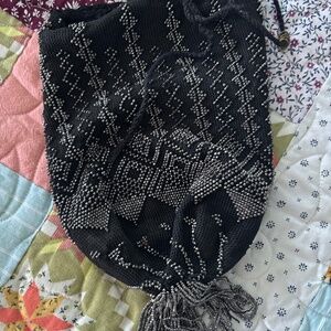 Vintage 1920s Black Fabric and Silver Beaded Drawstring Purse
